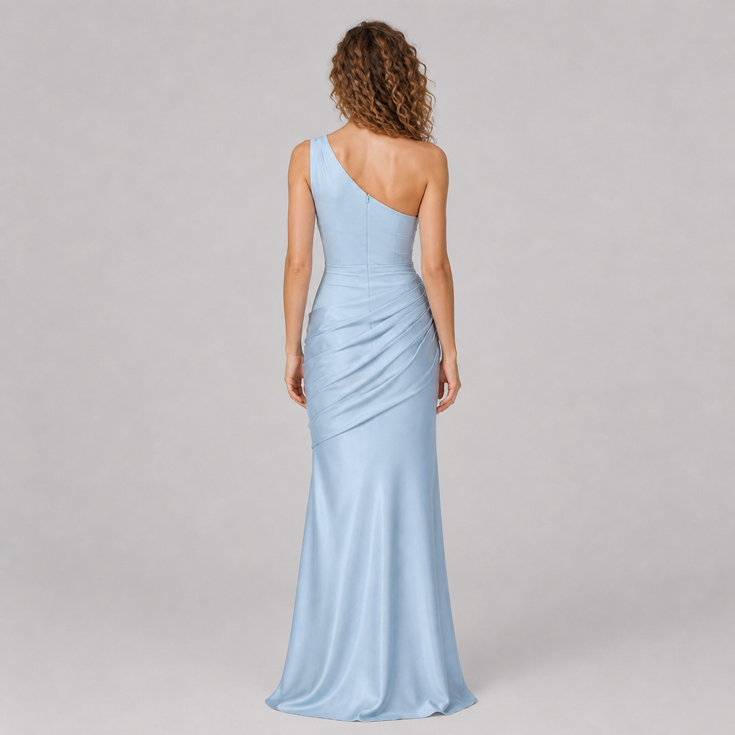 Women’s Blue One-Shoulder Asymmetric Satin Maxi Dress