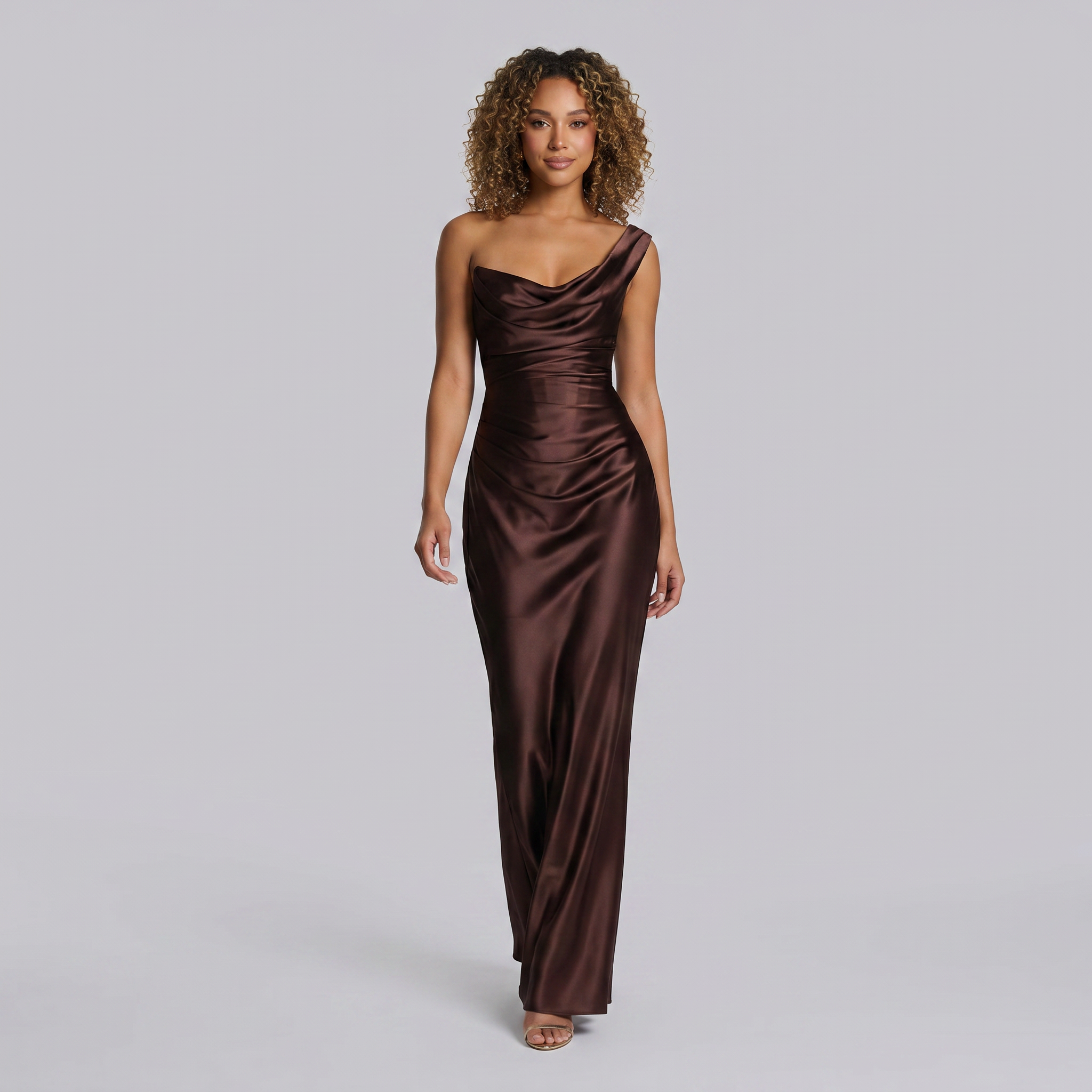 Women’s Chocolate Satin One-Shoulder Maxi Dress