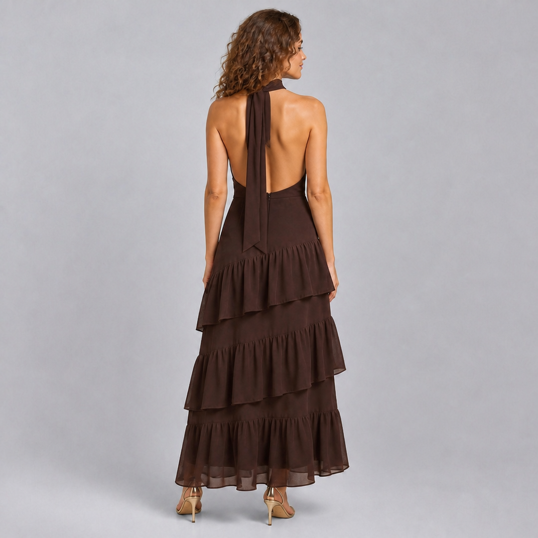 Women’s Coffee Brown Halter Neck Tiered Chiffon Maxi Dress