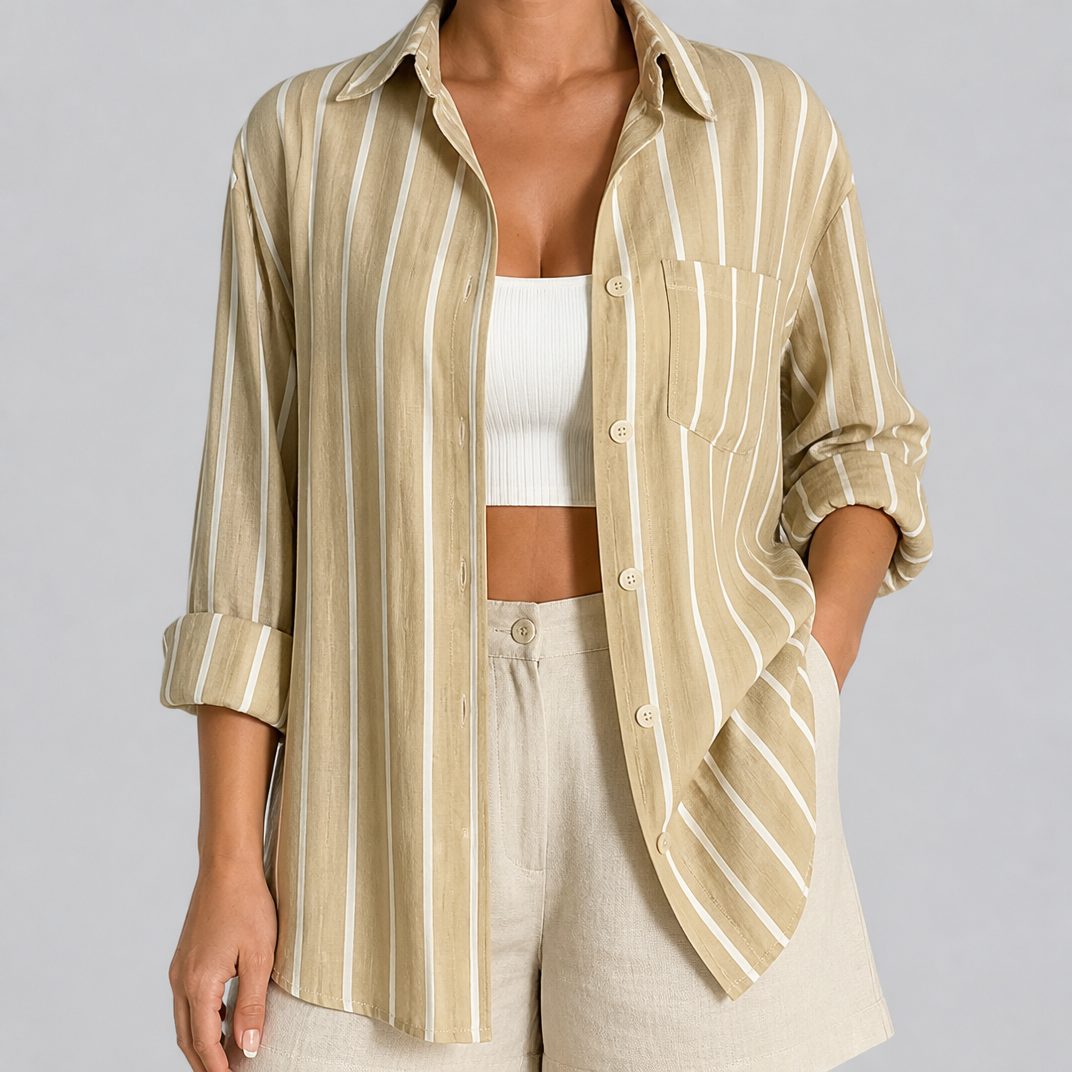Women’s Khaki Striped Relaxed-Fit Pure Linen Shirt