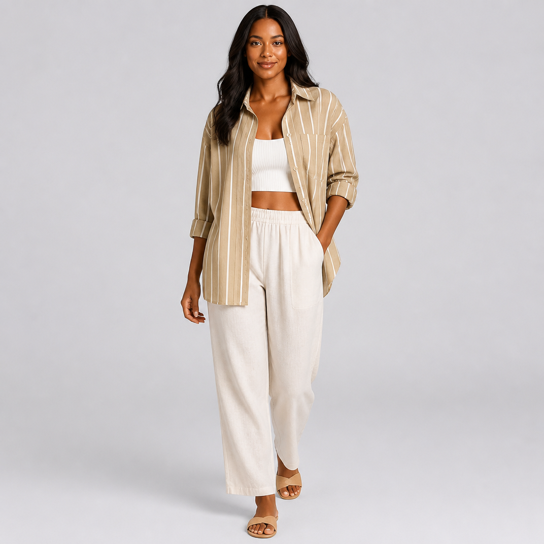 Women’s Khaki Striped Relaxed-Fit Pure Linen Shirt