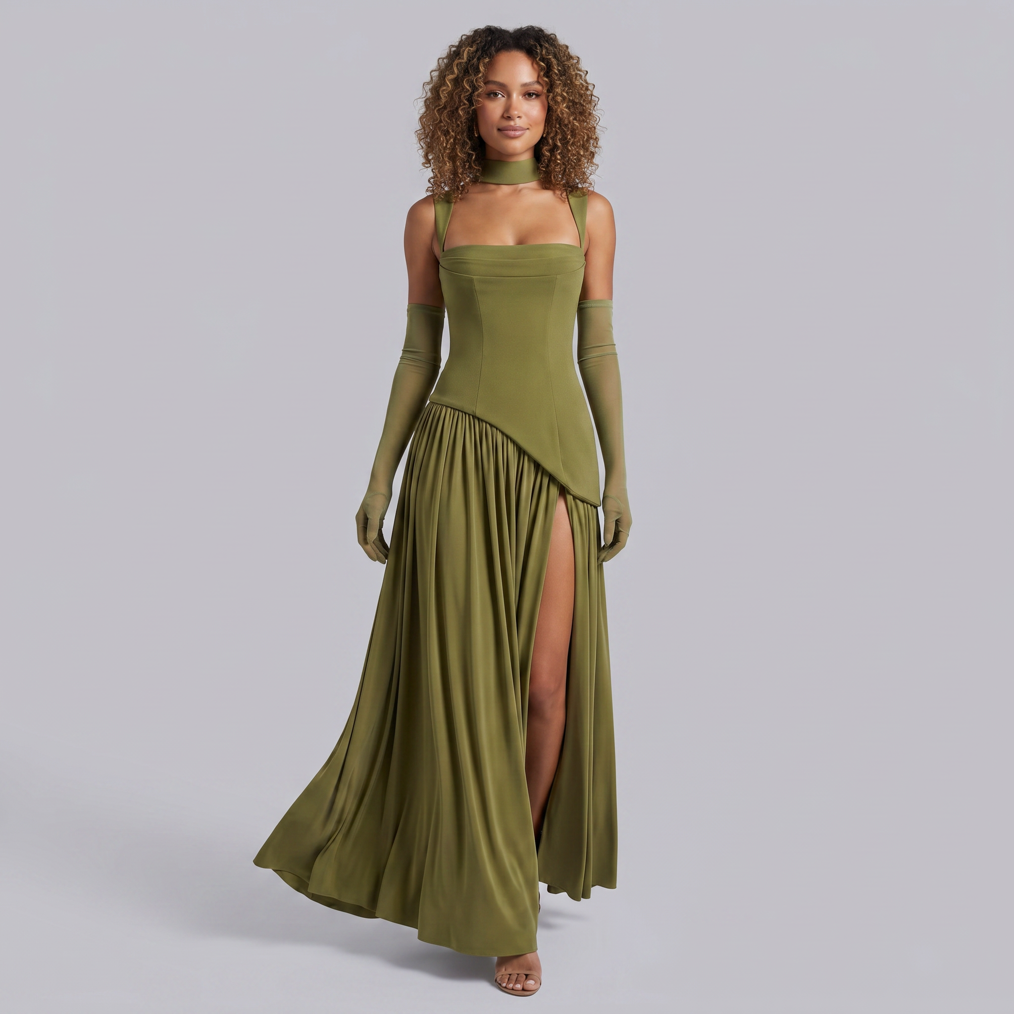 Women’s Sage Green Asymmetric Slit Maxi Dress