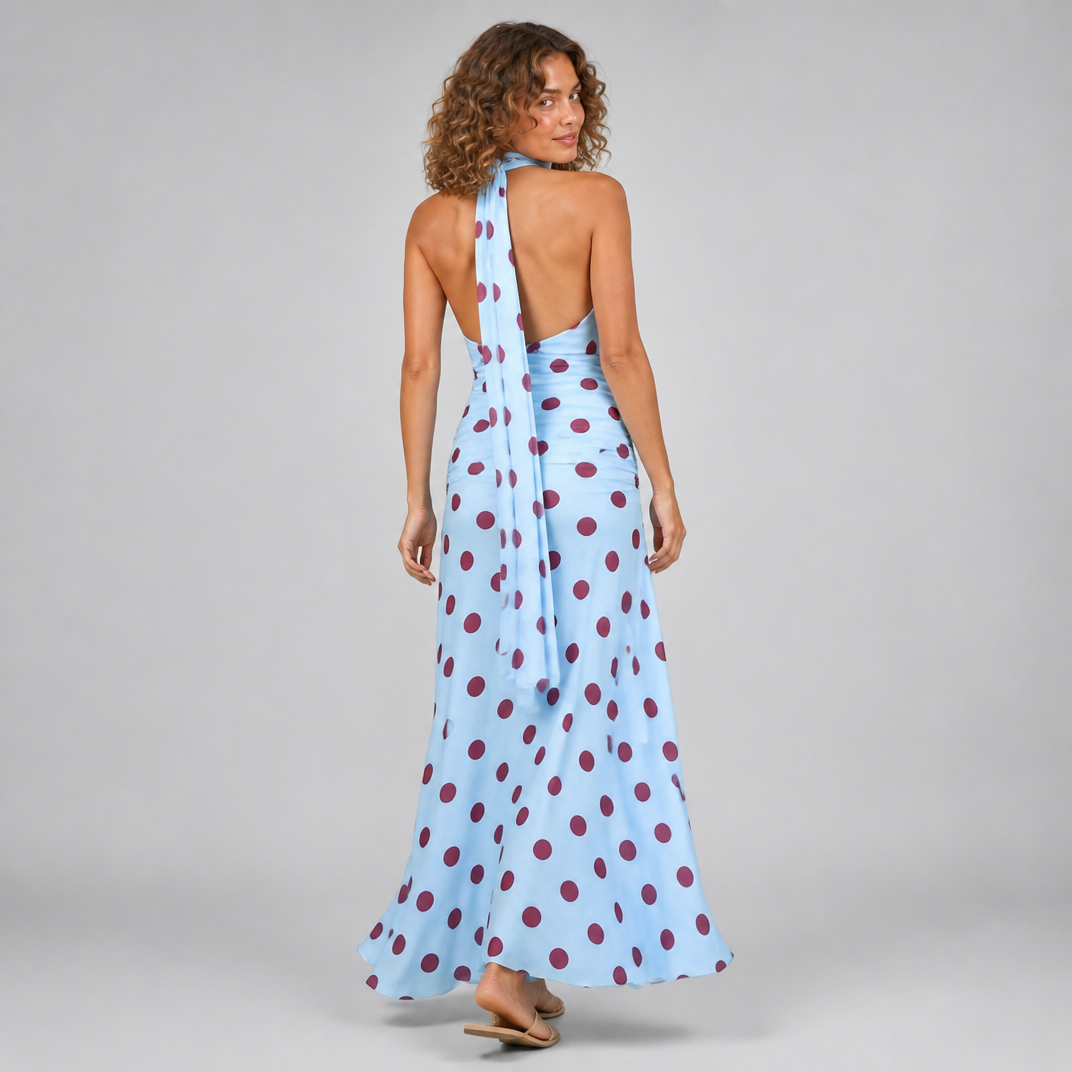 Women's Sky Blue Polka Dot Halter Maxi Dress