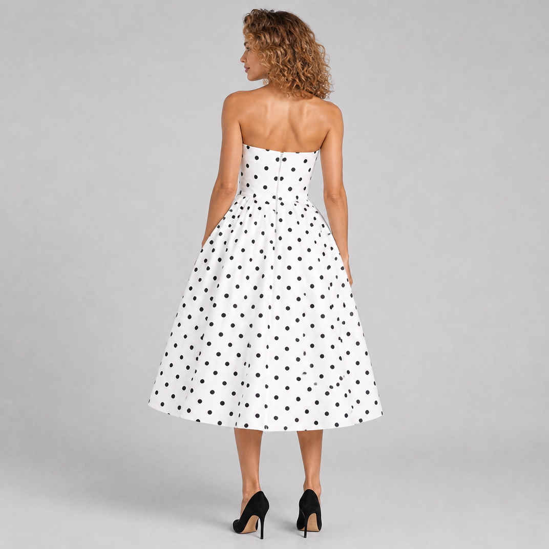 Women’s White Strapless A-Line Polka Dot Dress