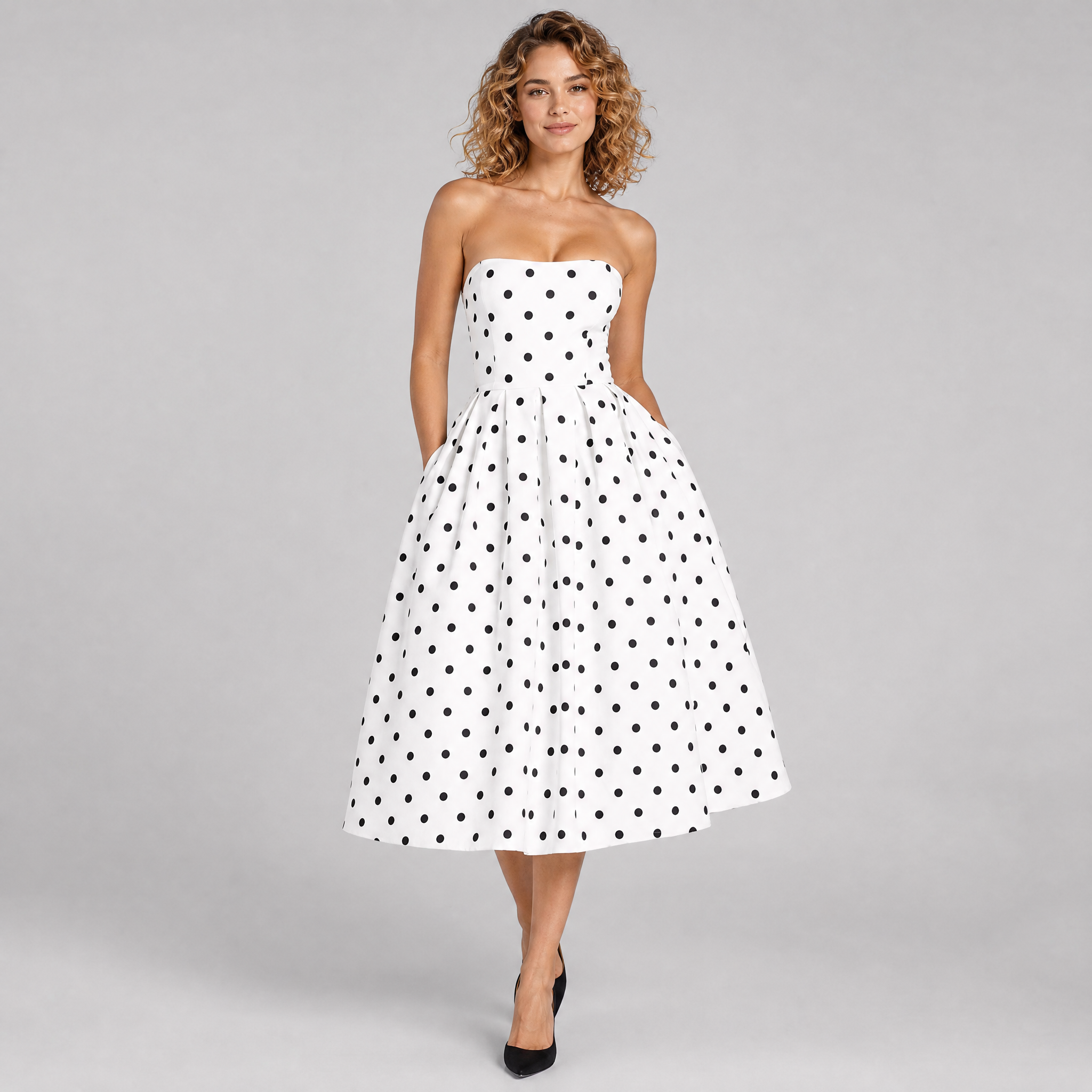 Women’s White Strapless A-Line Polka Dot Dress