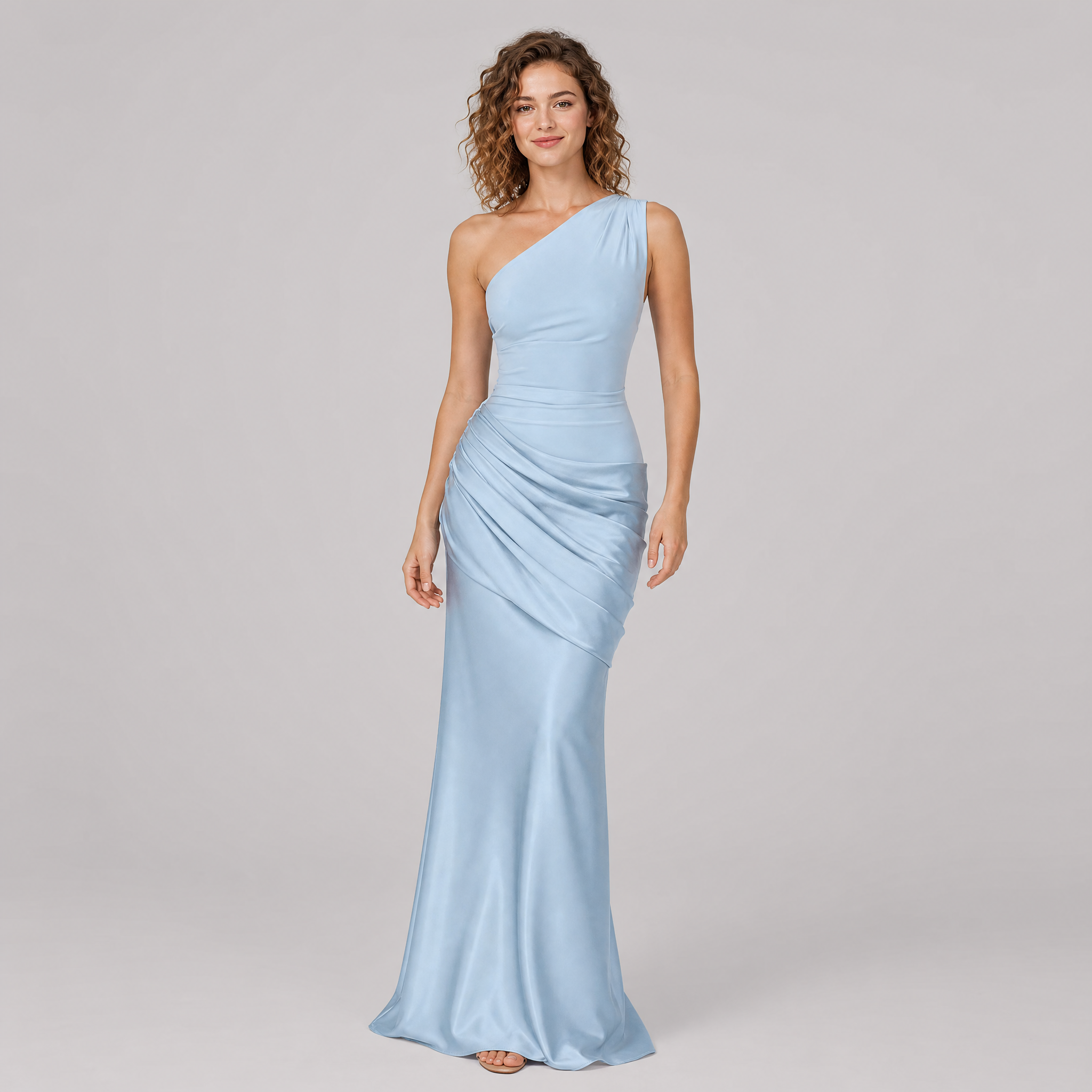 Women’s Blue One-Shoulder Asymmetric Satin Maxi Dress