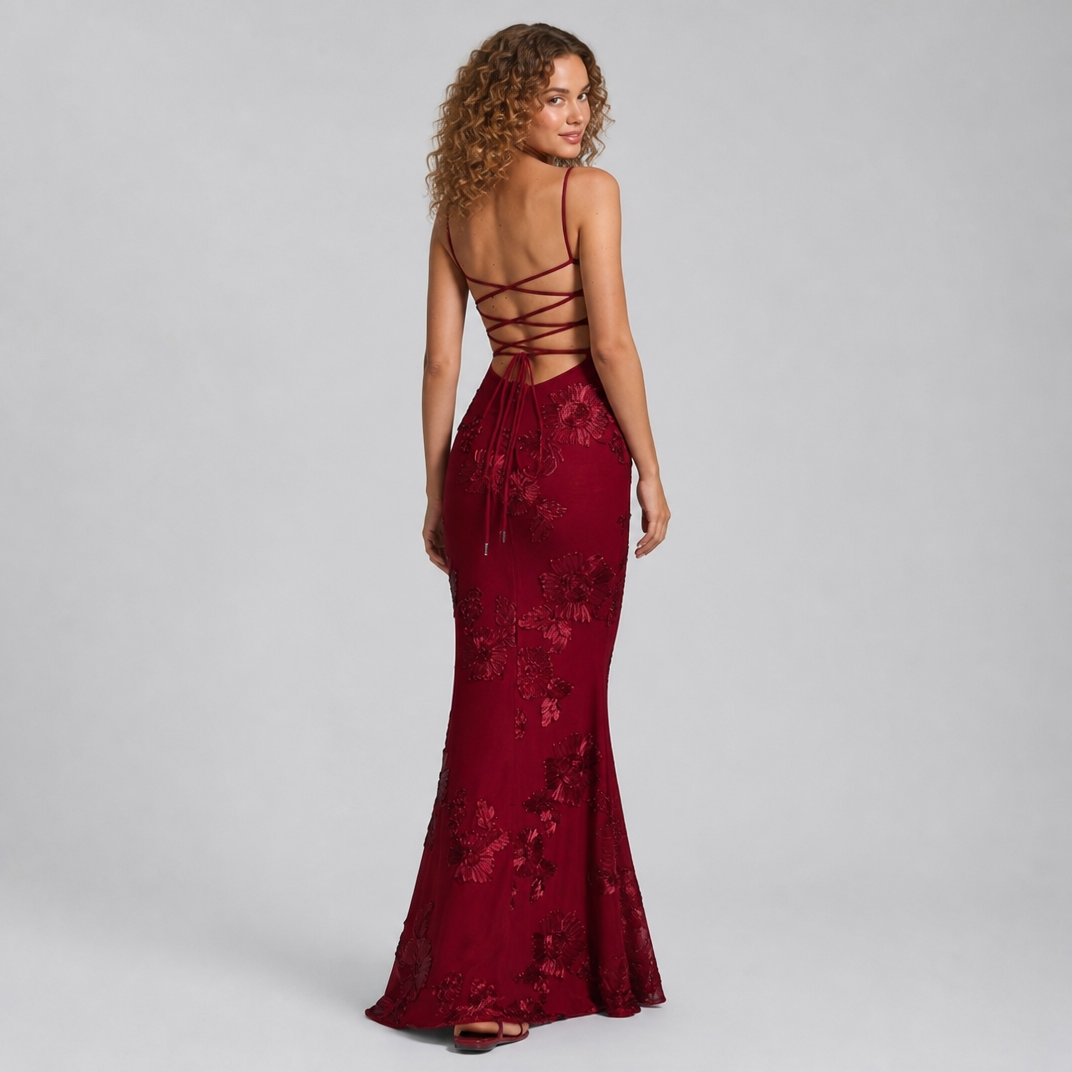 Women's Burgundy Floral Embroidered Corset Maxi Dress