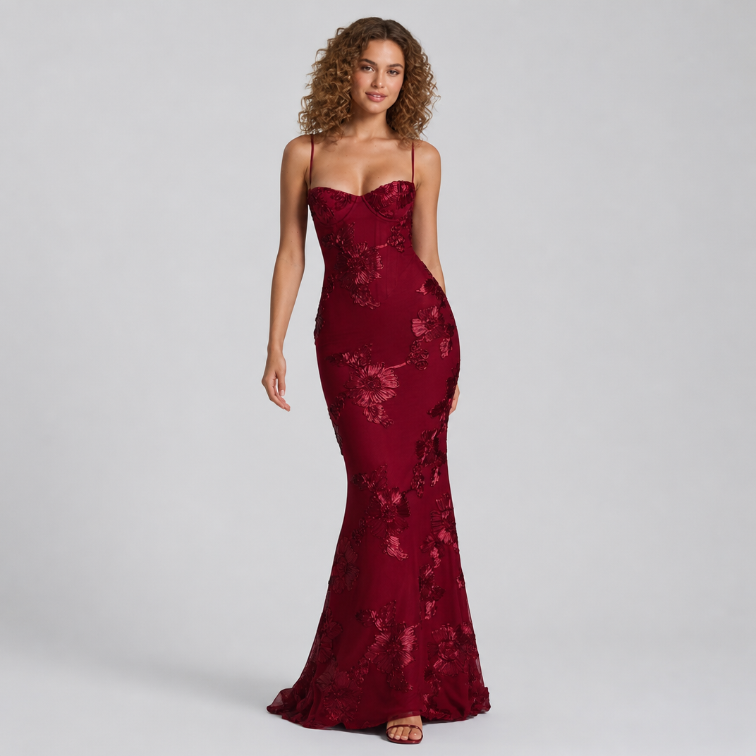 Women's Burgundy Floral Embroidered Corset Maxi Dress