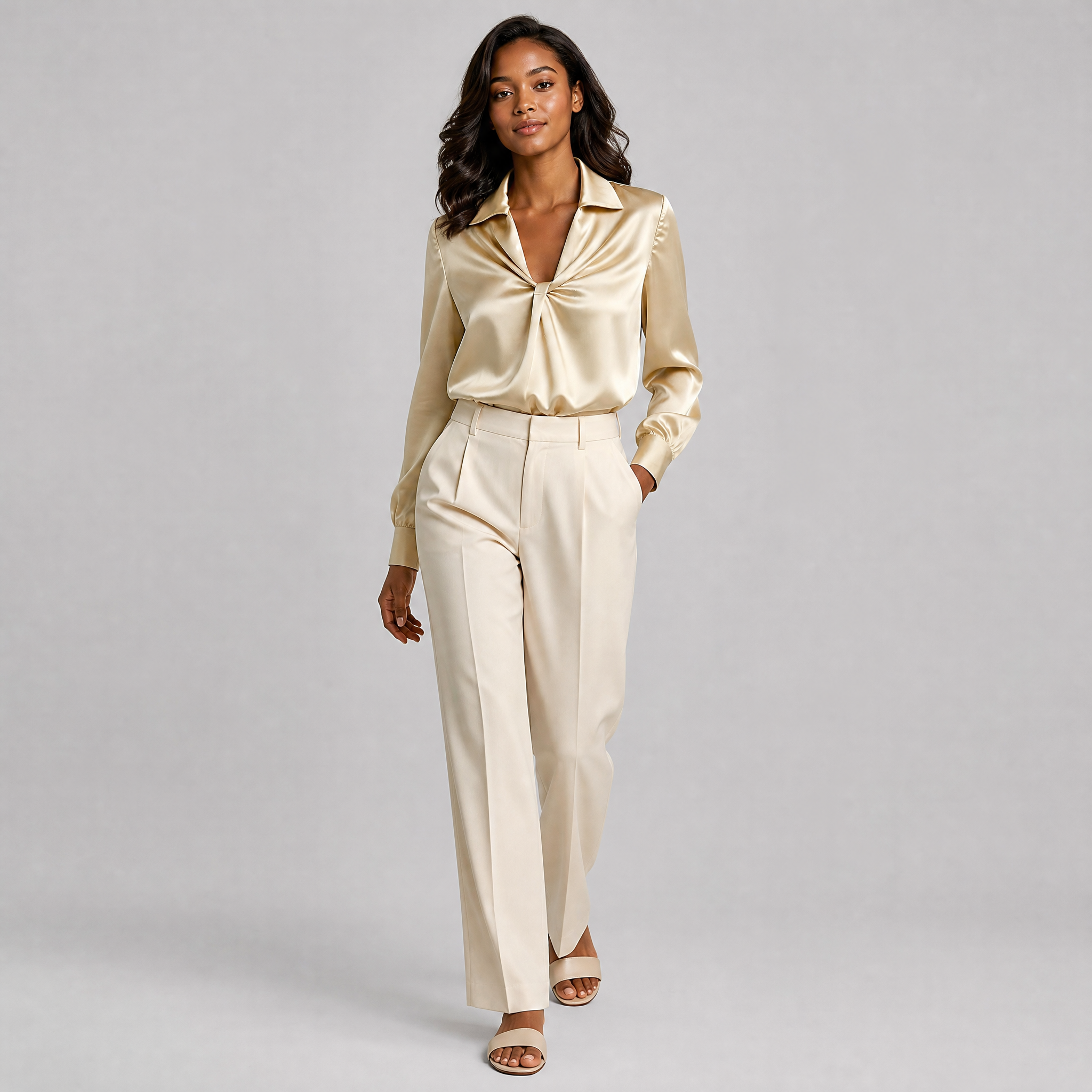 Women’s Champagne Twist-Front Mulberry Silk Blouse