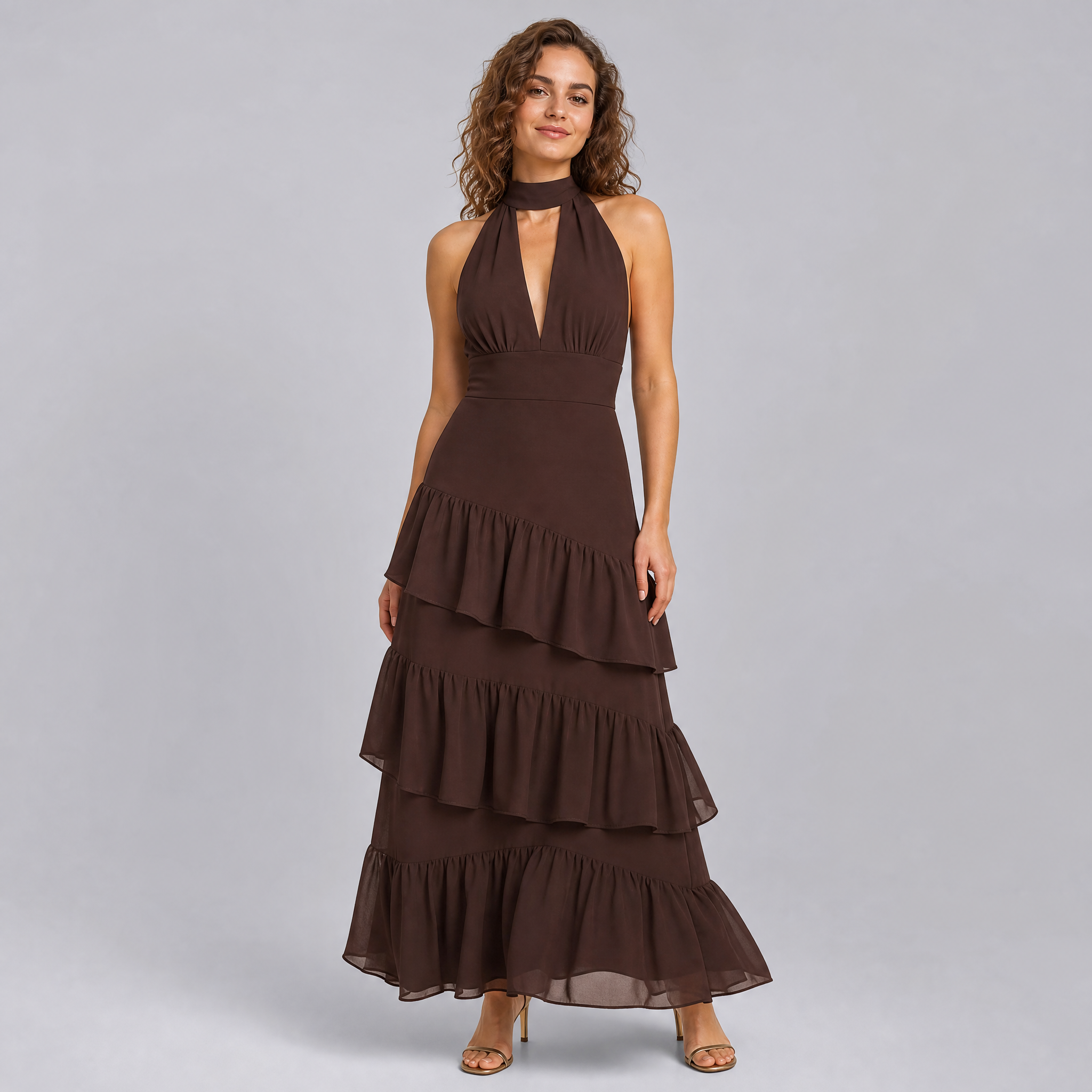 Women’s Coffee Brown Halter Neck Tiered Chiffon Maxi Dress