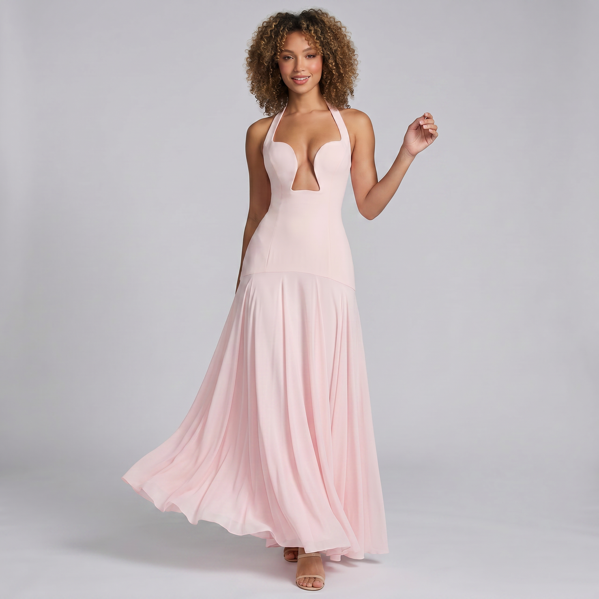Women’s Halter Plunge Cut-Out Drop-Waist Maxi Dress