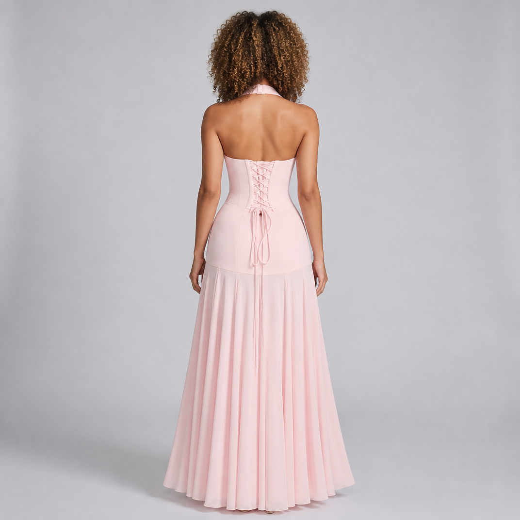 Women’s Halter Plunge Cut-Out Drop-Waist Maxi Dress