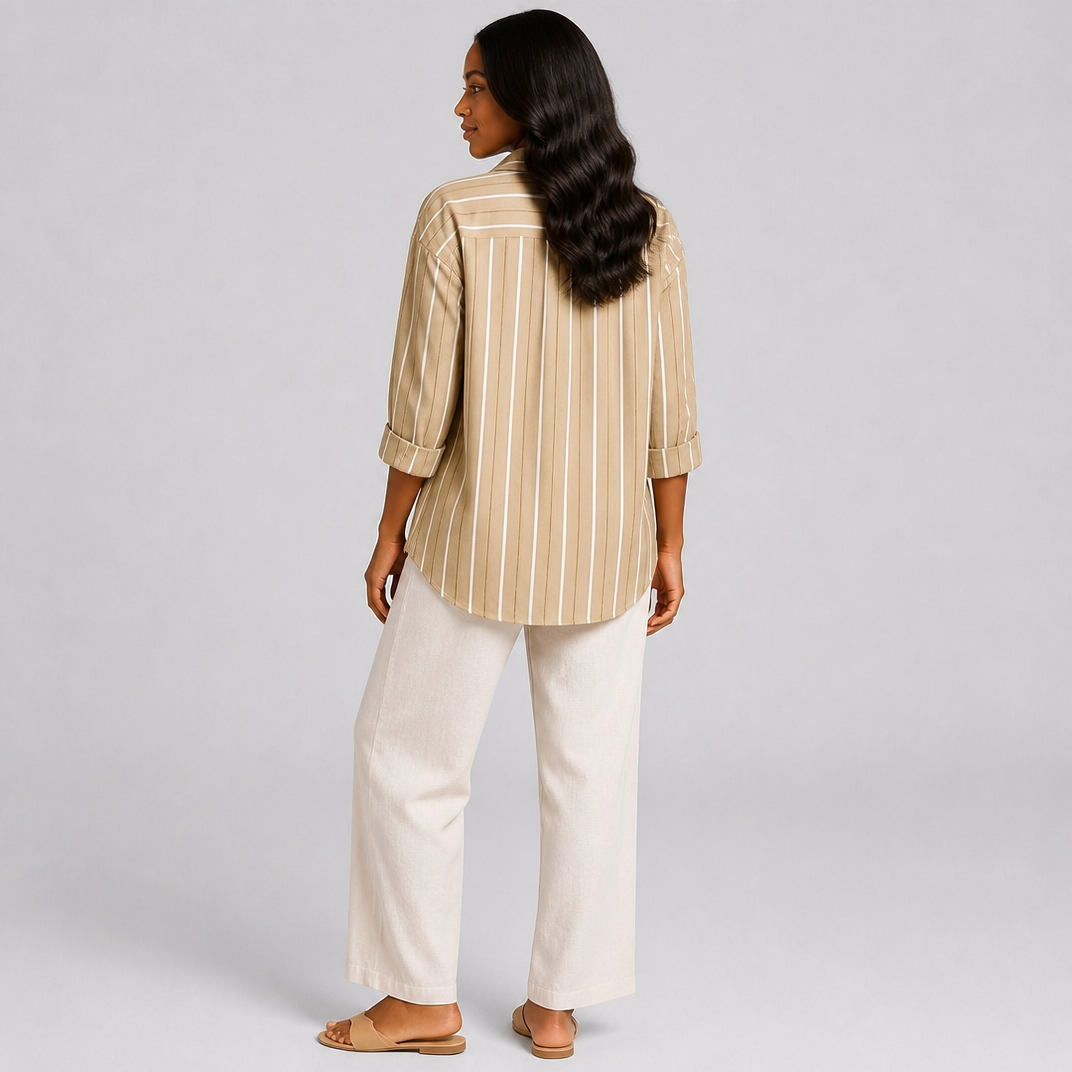 Women’s Khaki Striped Relaxed-Fit Pure Linen Shirt