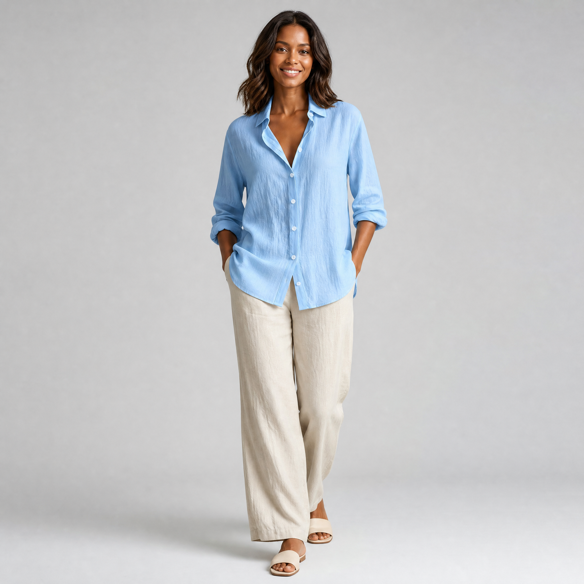 Women’s Ocean Blue Linen Button-Down Shirt