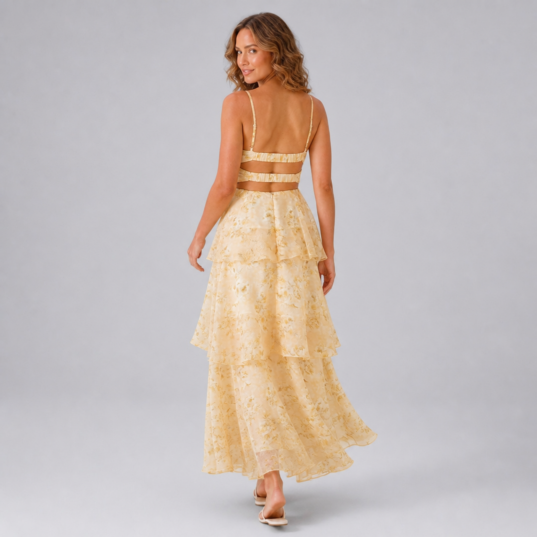 Women's Pastel Yellow Floral Tiered Corset Maxi Dress
