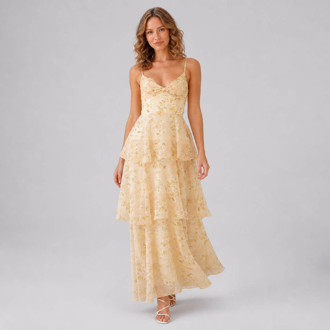 Women's Pastel Yellow Floral Tiered Corset Maxi Dress