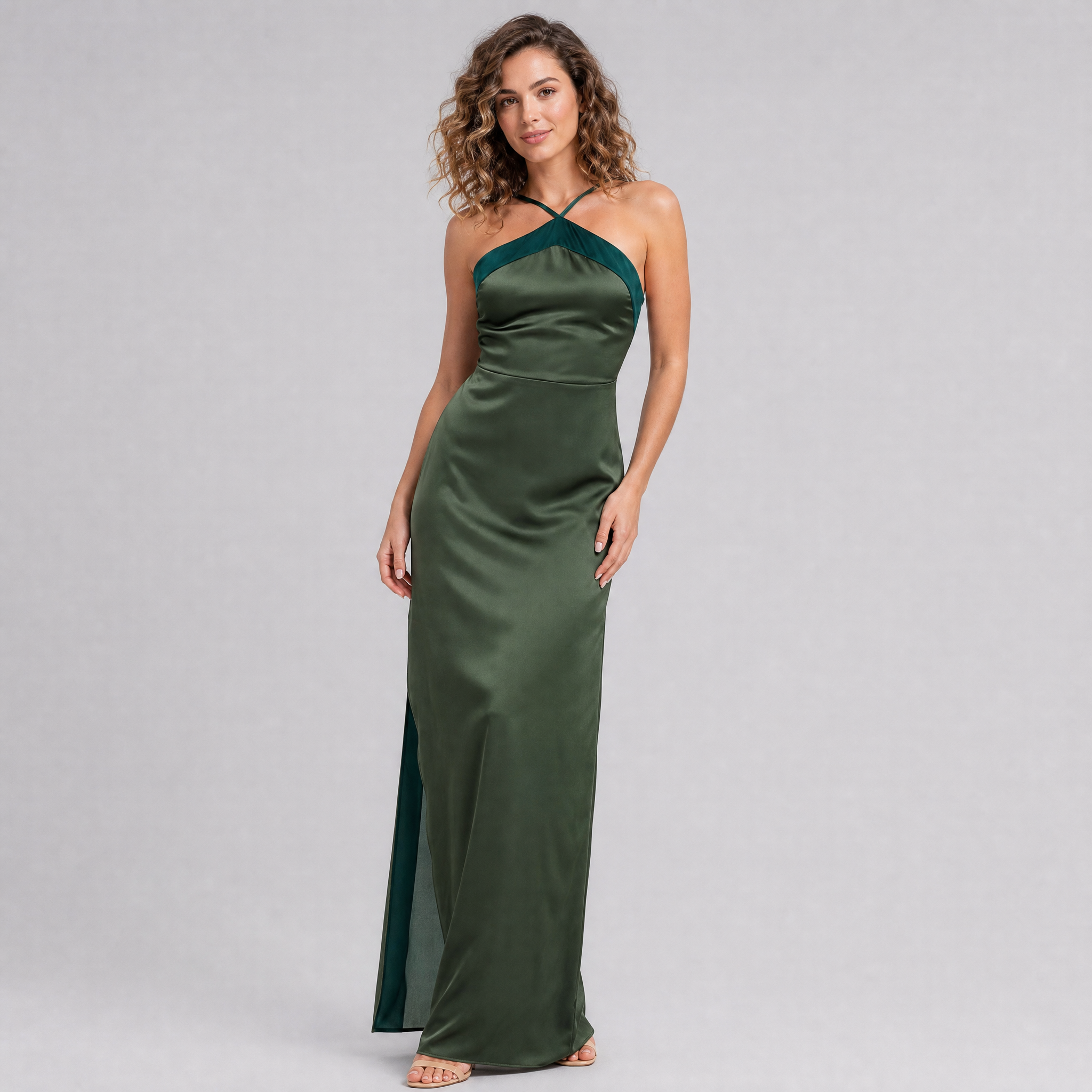 Women’s Sage Green Satin Halter Maxi Dress