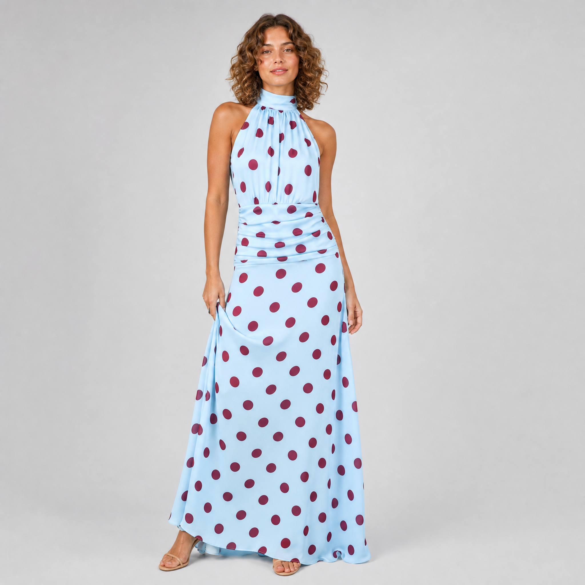 Women's Sky Blue Polka Dot Halter Maxi Dress