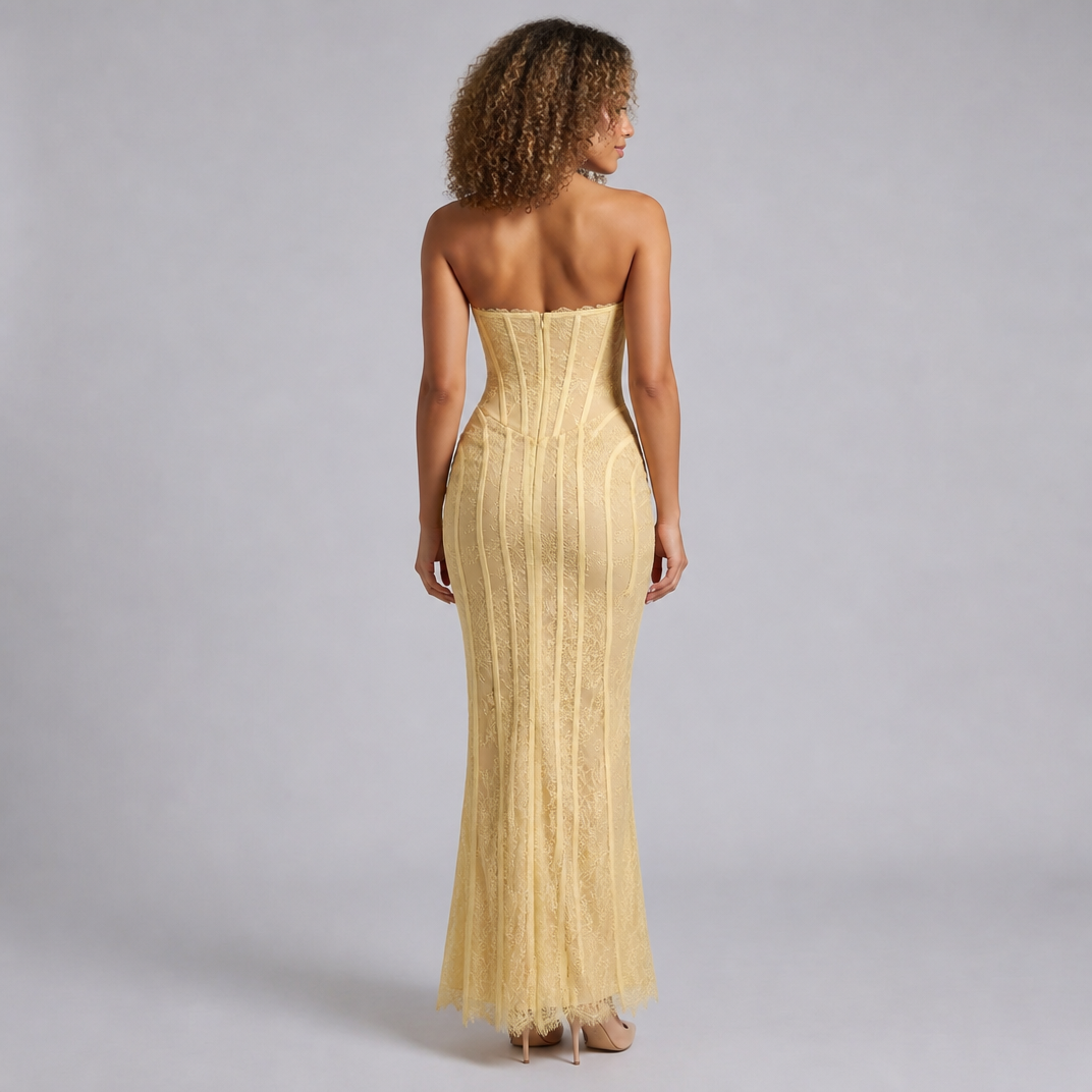 Women’s Yellow Strapless Corset Lace Maxi Dress